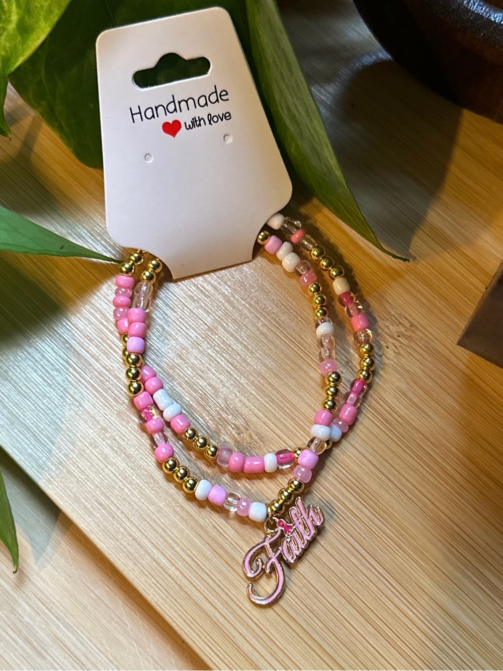 🎀Breast Cancer Awareness 2-PC Stretchy Bracelet Set | Handmade |Dangle Charm🎀